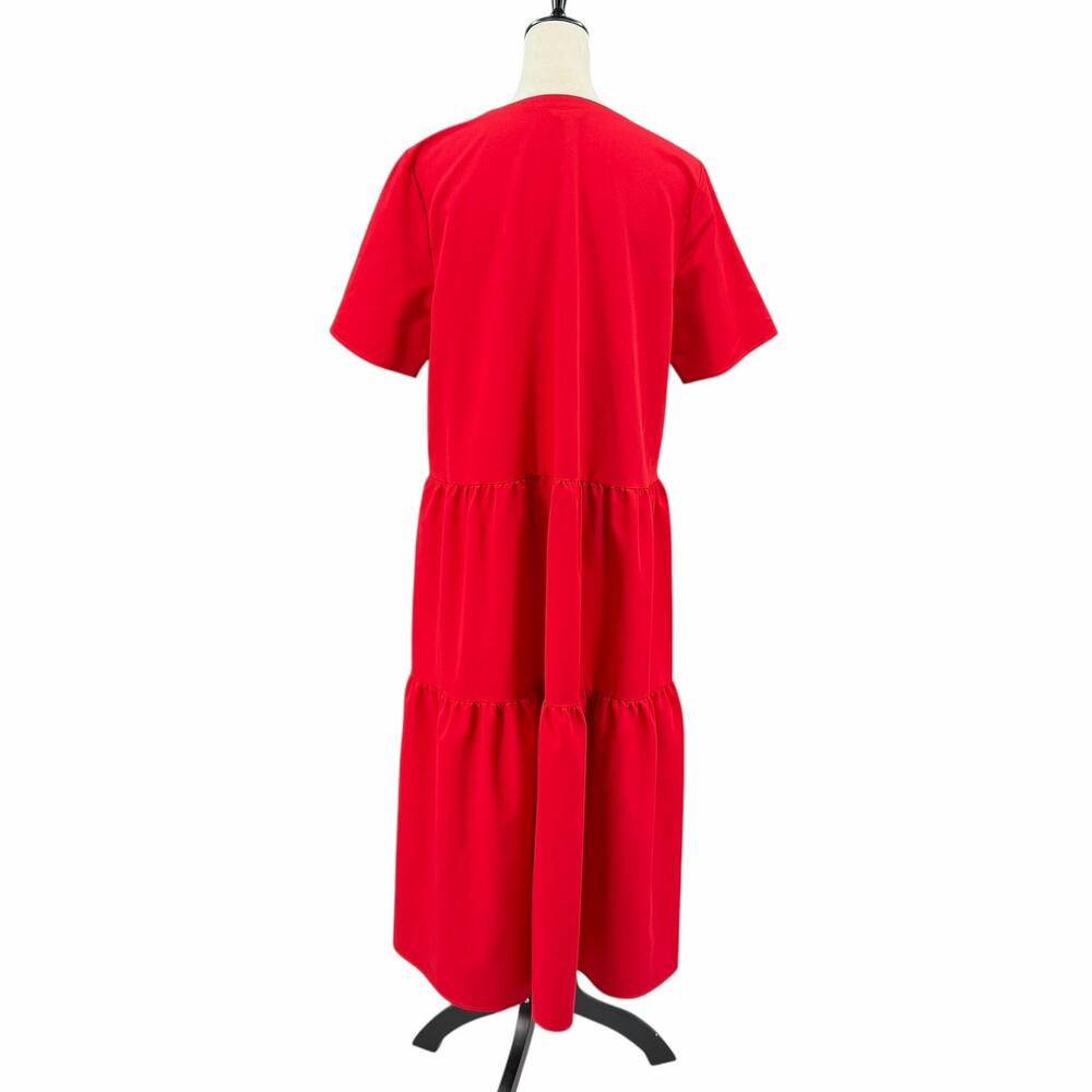 Misook NWT Solid Bold Red Tiered Split V-Neck Short Sleeve Maxi Shift Dress - Picture 4 of 11
